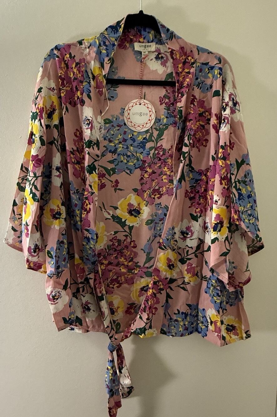 Umgee Floral Tie Front Kimono Cardigan NWT M/L Pink Boho Lightweight Cover Up